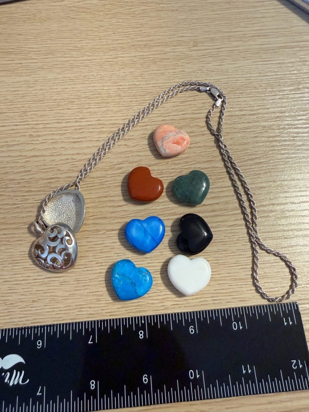Sterling silver heart necklace with 7 interchangeable semiprecious stones
